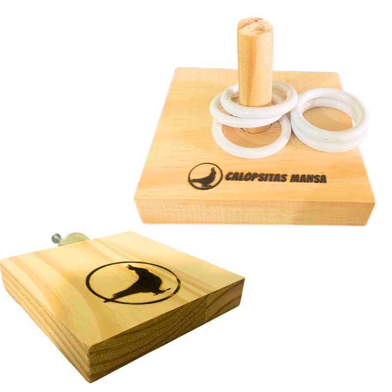 Kit Brinquedos Caça Argolas e Plataforma de Madeira para Calopsita
