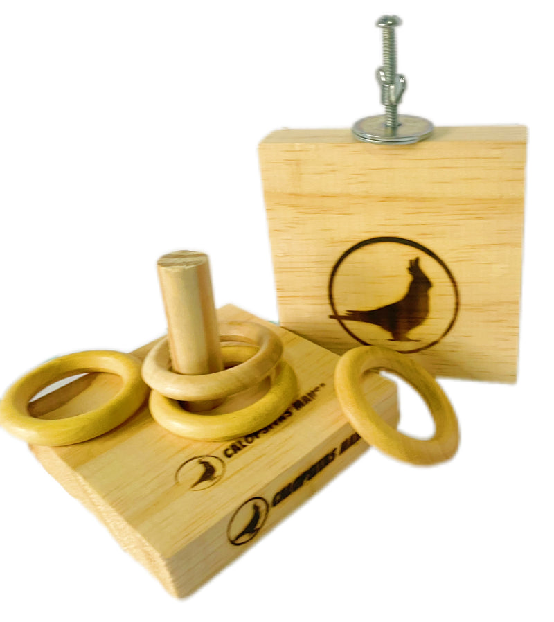 Kit Brinquedos Caça Argolas e Plataforma de Madeira para Calopsita