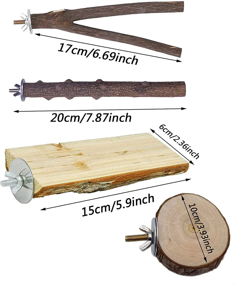 Kit de 4 Suportes para Pássaros - Plataforma de Madeira Natural para Periquitos , calopsitas ou Papagaios